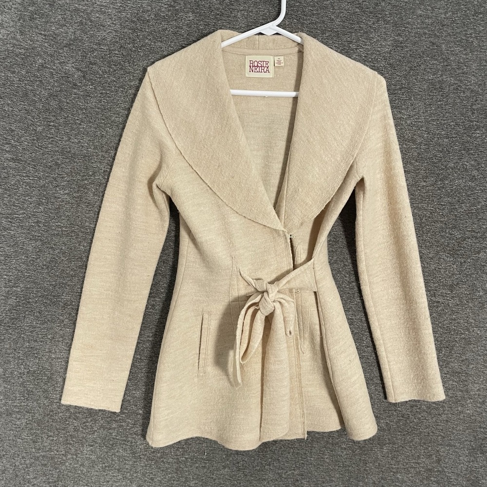 Rosie Neira Cardigan Sweater Womens XS Beige 100% Wool Belted Collar Open Front